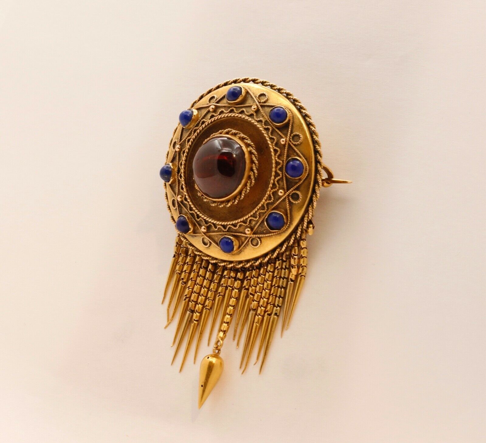 Victorian Memorial Garnet Lapis Lazuli 14K Yellow Gold Brooch Pin