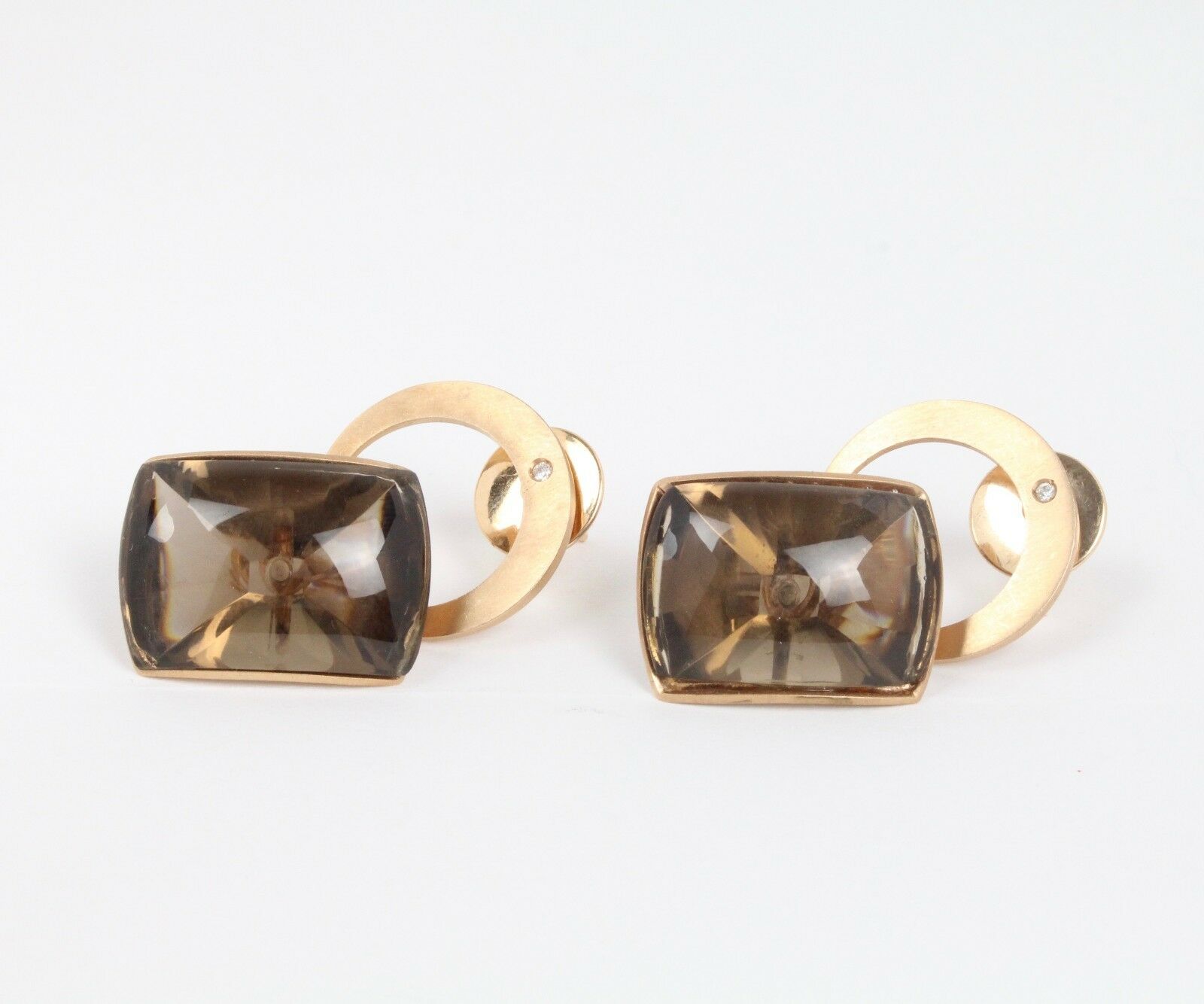 Retro French Denair 18K Rose Gold Smoky Quartz & Diamonds Dangling Earrings