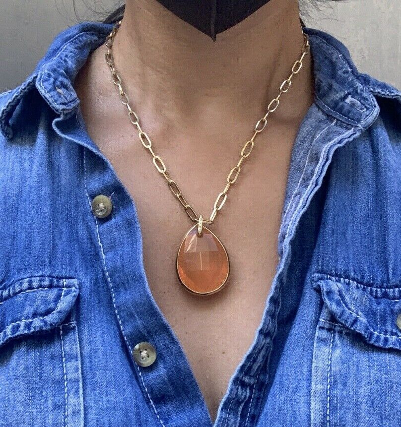 Large Checkerboard Cut Approx 50 Carats Fire Opal Diamond Pendant, Necklace.