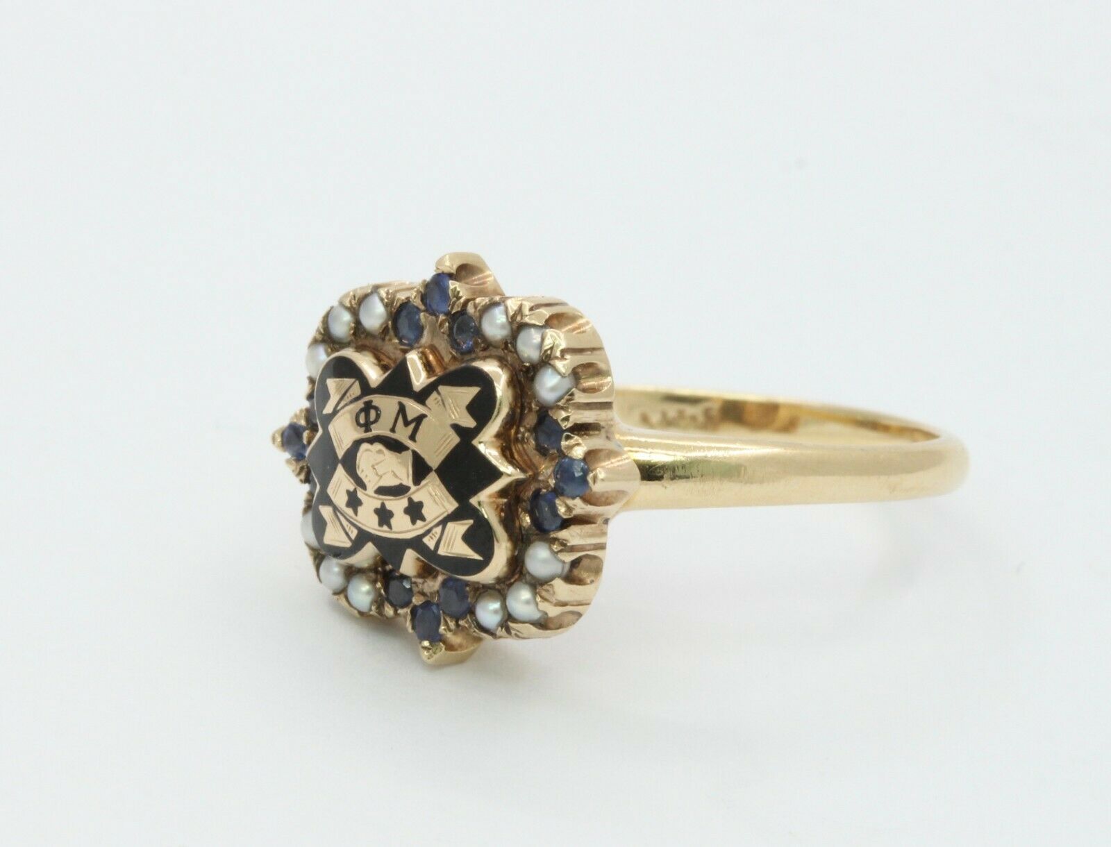 Vintage 14K Yellow Gold Phi Mu Badge Sorority Sapphire Seed Pearl Ring