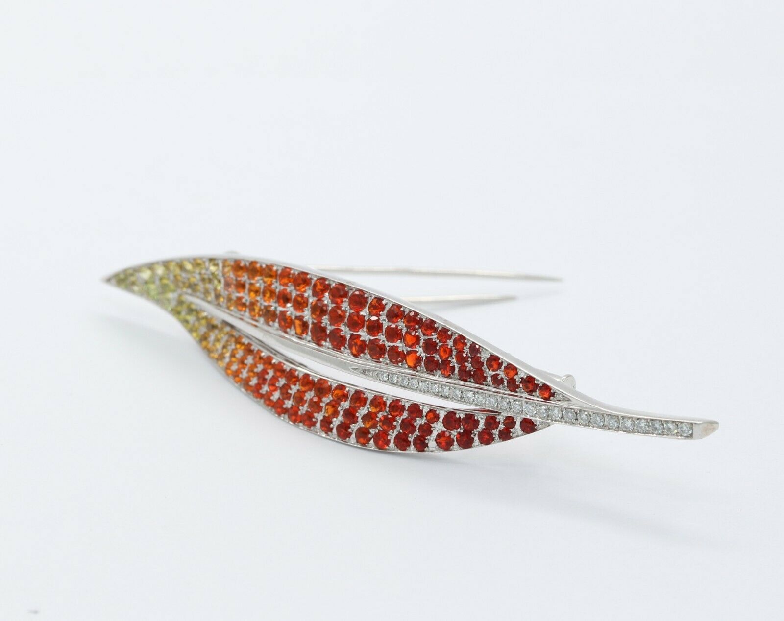 Vintage 18K White Gold Multi-Colored Sapphire Diamond Leaf Brooch