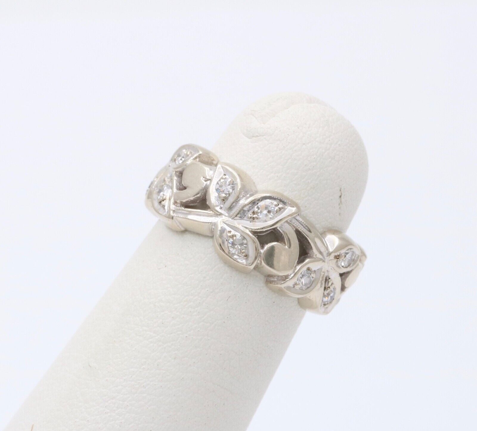 Vintage 14K White Gold Diamond Wide Ring Band.