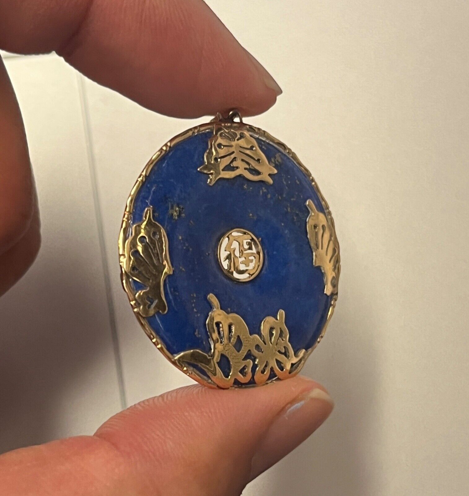 Vintage 14K Yellow Gold Lapis Lazuli Chinese Lucky Fortune Charm Pendant