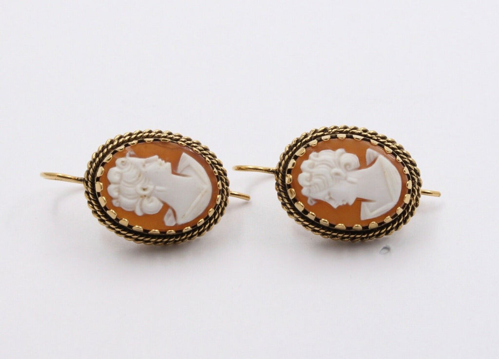Victorian Revival Agate Cameo 14K Yellow Gold Earrings