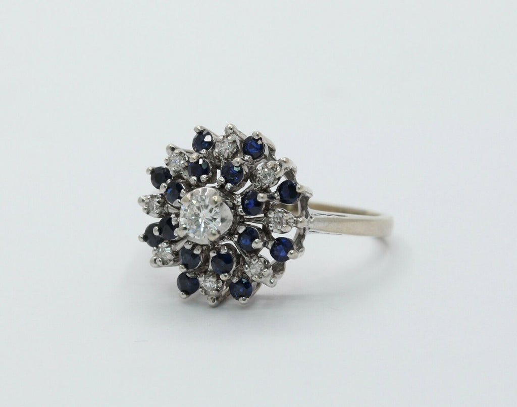 Vintage 14K White Gold Starburst Sapphire Diamond Ring