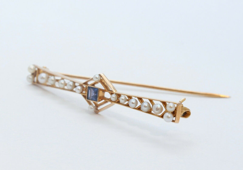 Art Deco 14K Yellow Gold Blue Sapphire Pearls Brooch Pin