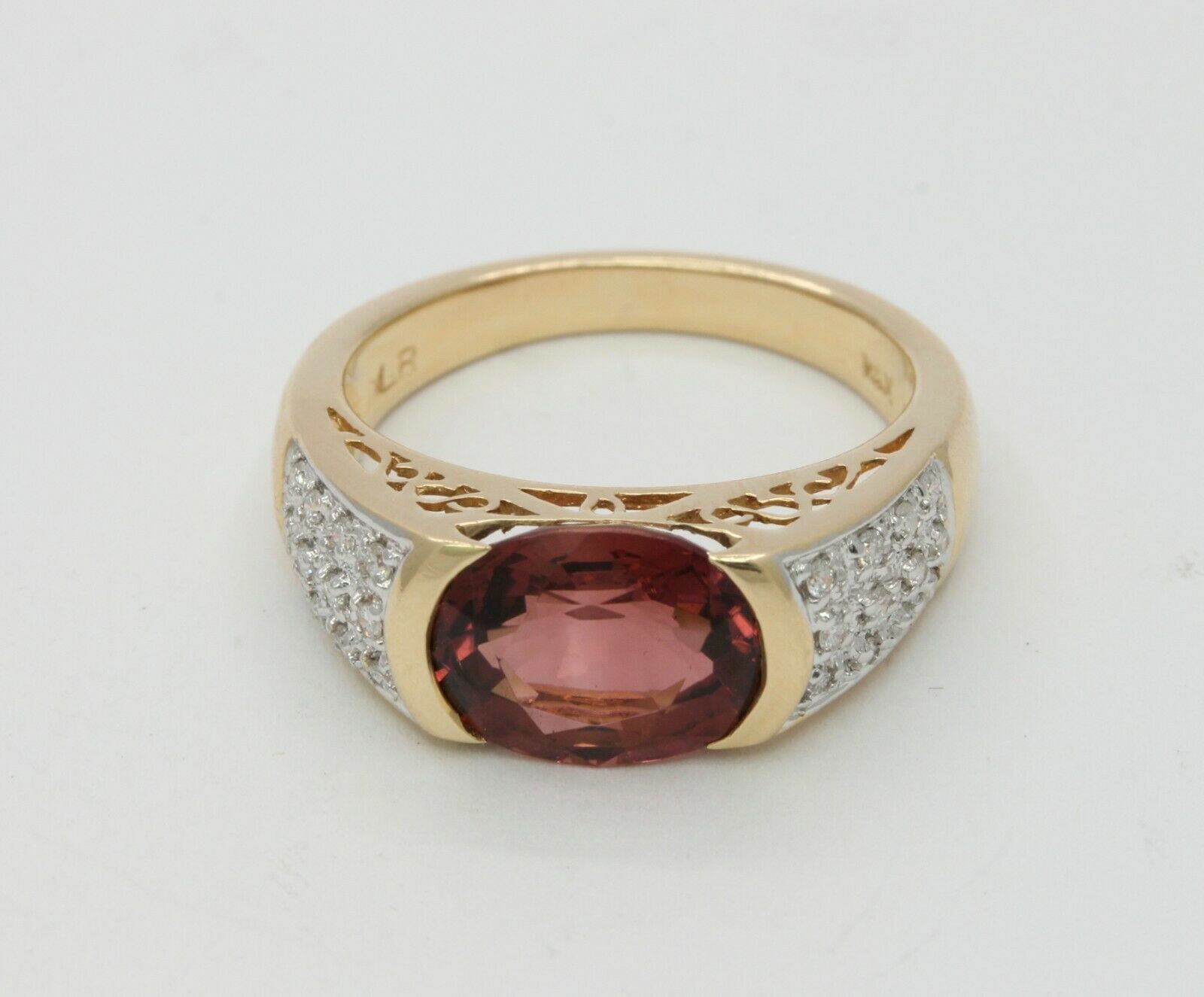 Vintage 14K Yellow Gold Diamond Orangy Pink Tourmaline Ring