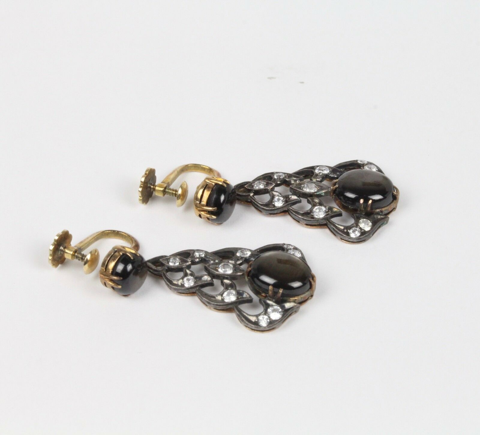Victorian 14K Yellow Gold and Silver Black Star Sapphire Chandelier Earrings