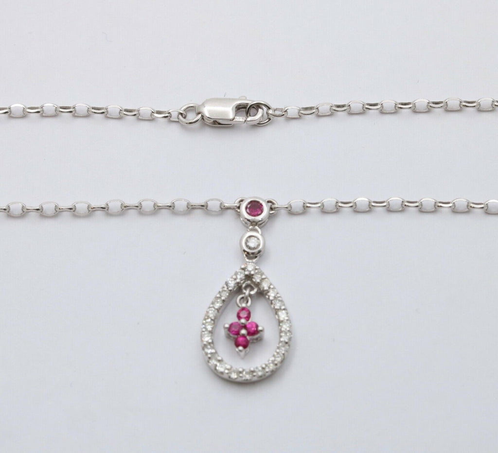 Elegant 18K White Gold Tear Drop Diamond & Ruby Pendant Necklace