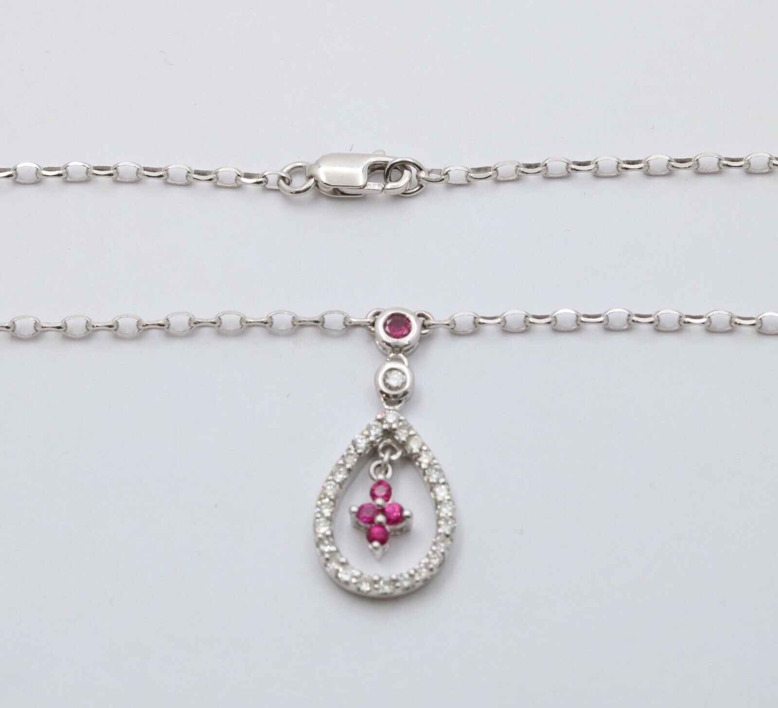 Elegant 18K White Gold Tear Drop Diamond & Ruby Pendant Necklace