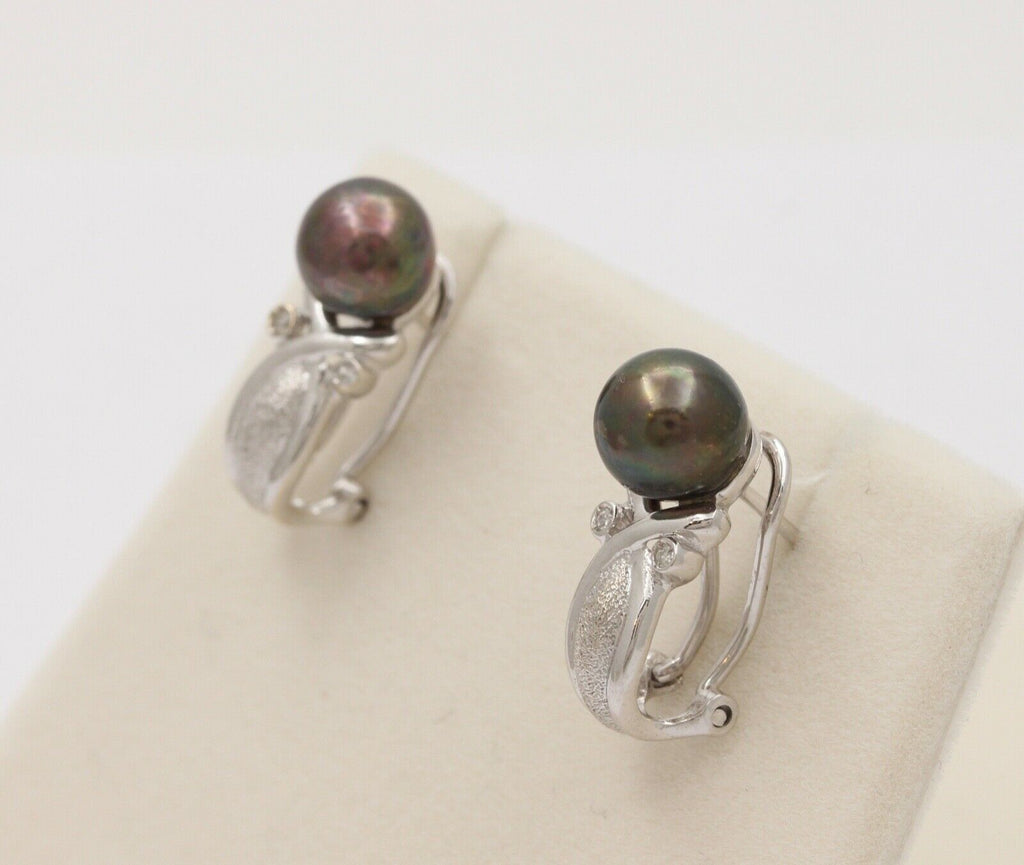 Vintage Tahitian Black Pearls Diamonds 14K White Gold Earrings