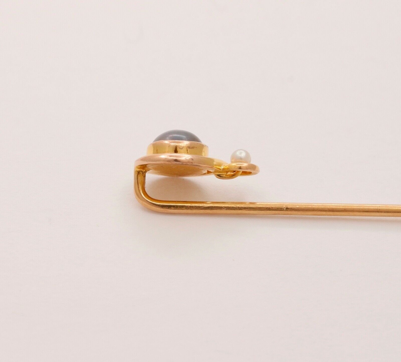 Art Nouveau Moonstone Seed Pearl 14K Yellow Gold Stick Pin