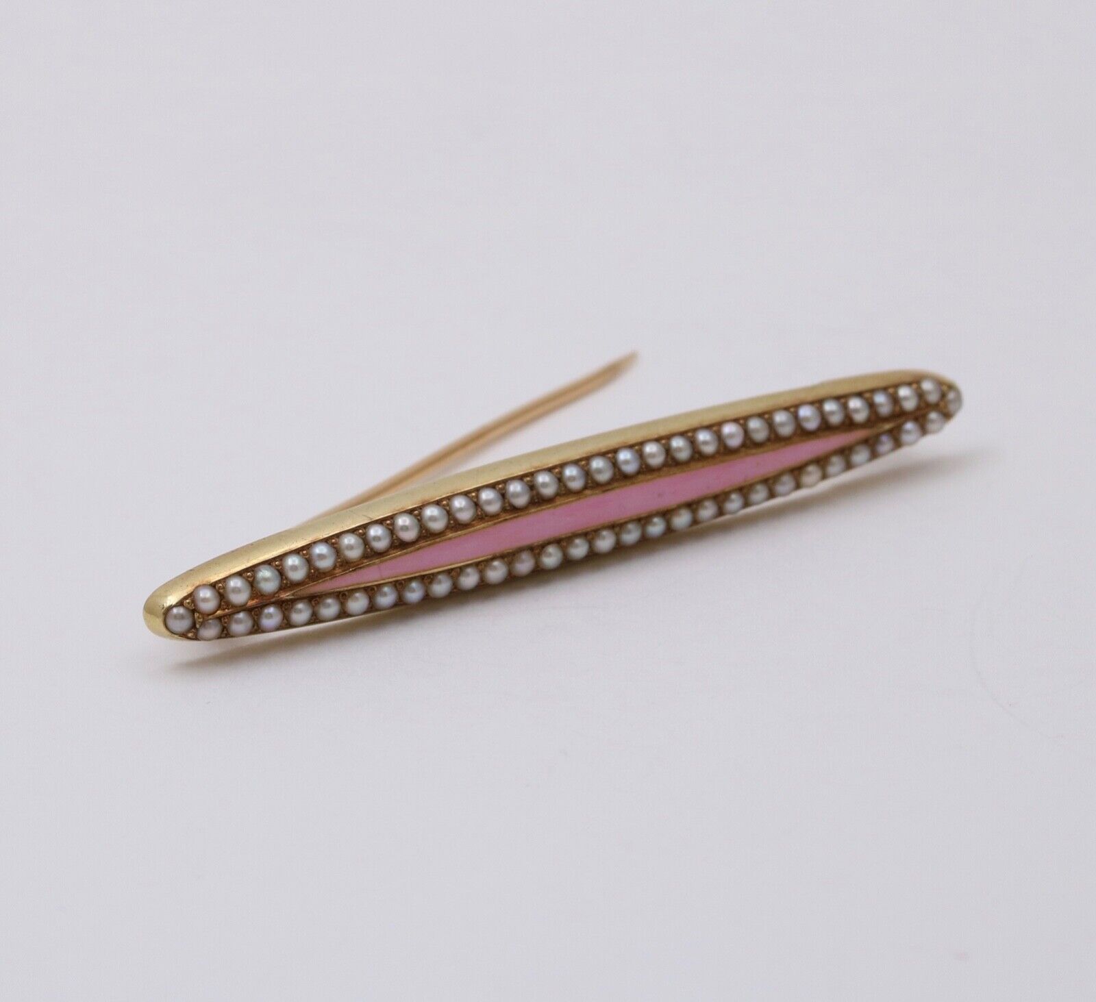 Victorian Pink Enamel Seed Pearls 14K YG Bar Brooch Pin