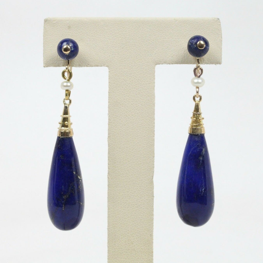 Vintage 14K Yellow Gold Lapis Lazuli Tear Drop Earrings