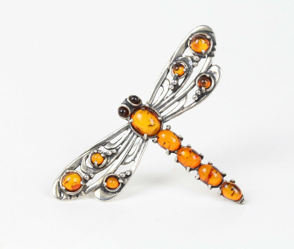 Vintage Dragonfly Amber Sterling Silver Ladies Brooch Pin
