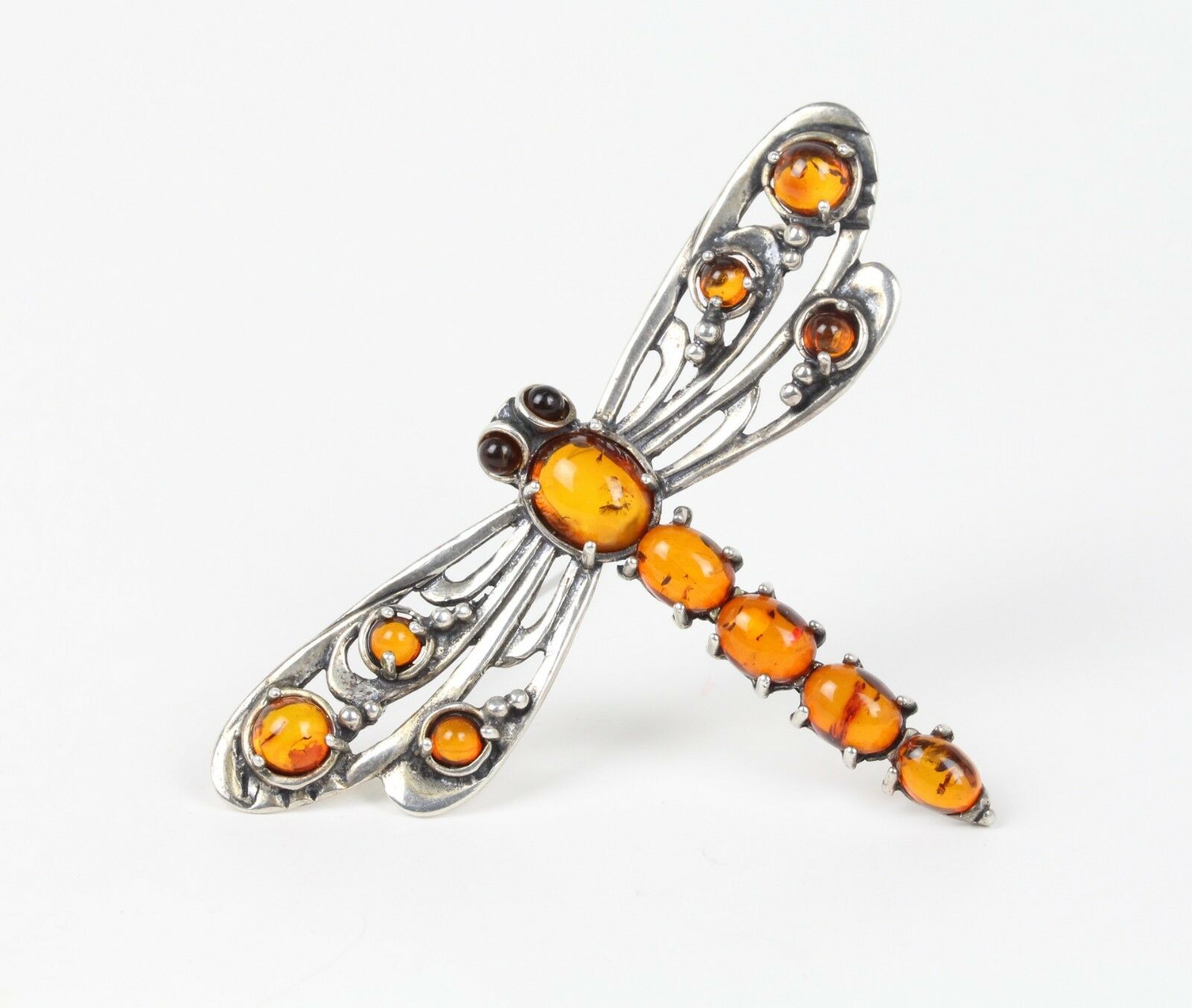 Vintage Dragonfly Amber Sterling Silver Ladies Brooch Pin