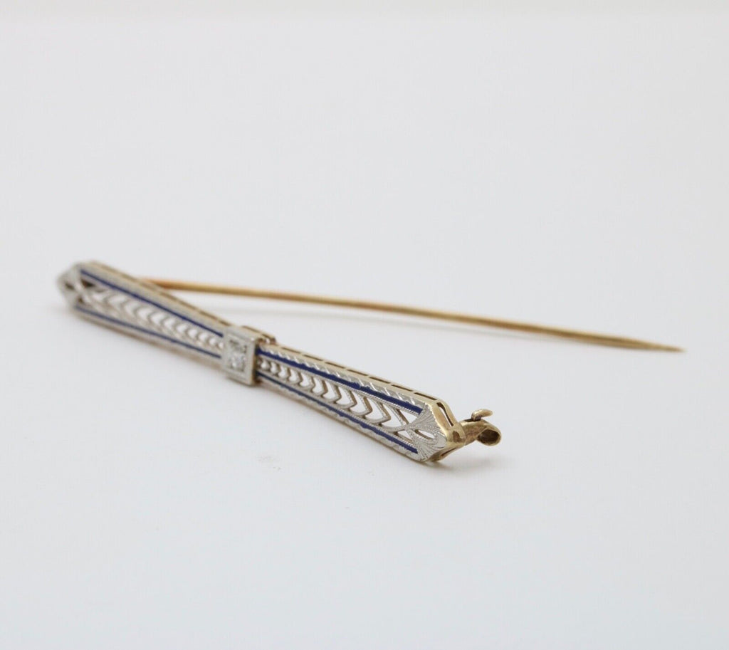 Vintage 14K Yellow Gold & Platinum Diamond Enamel Bar Pin.