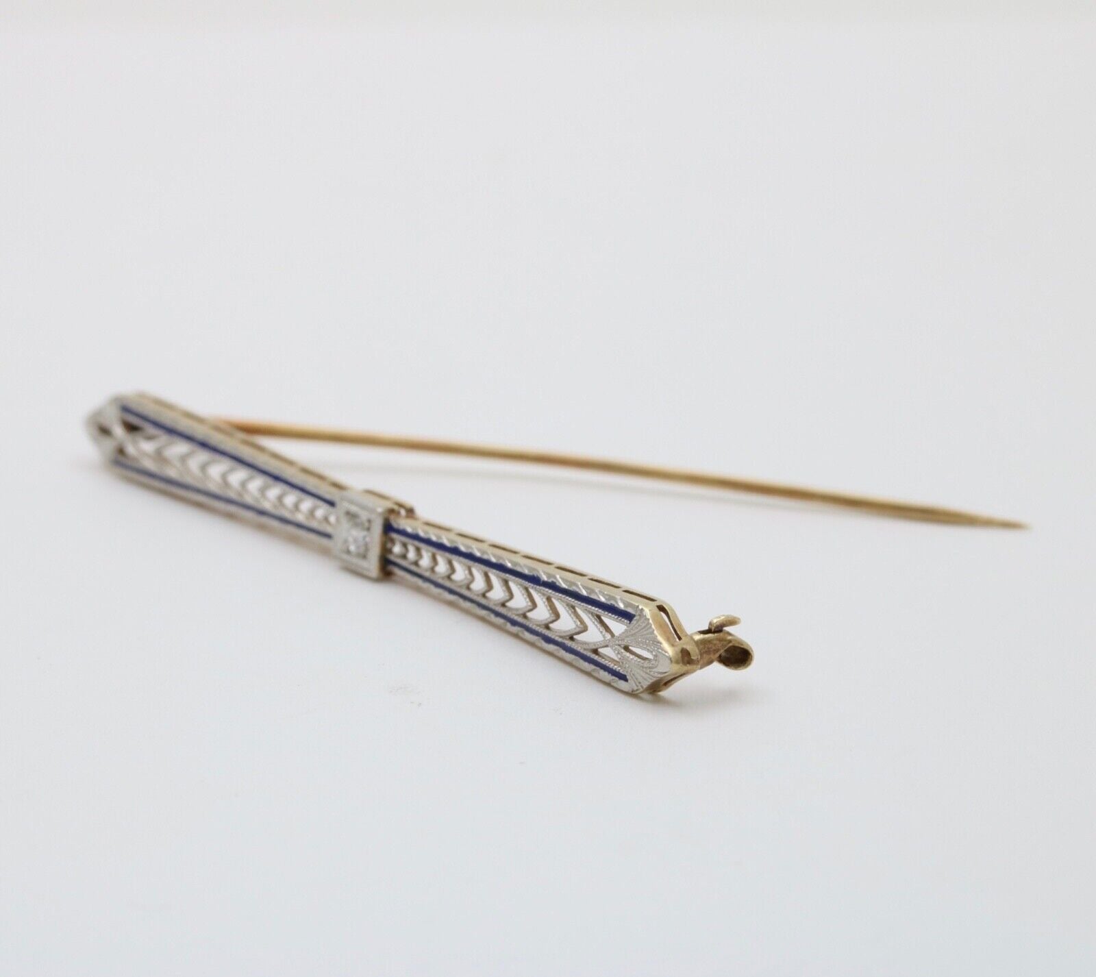 Vintage 14K Yellow Gold & Platinum Diamond Enamel Bar Pin.