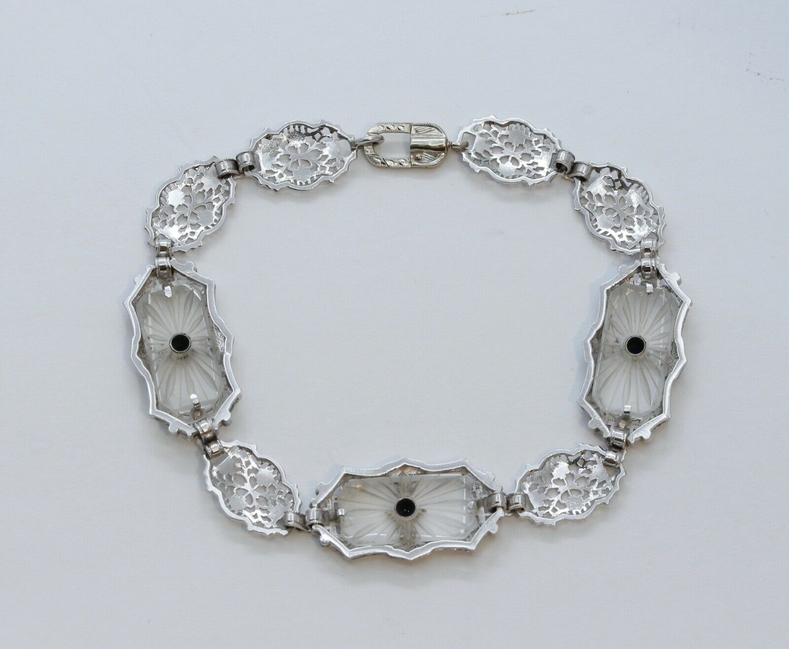 Art Deco Sapphires Diamonds Art Glass 14K White Gold Filagree Bracelet