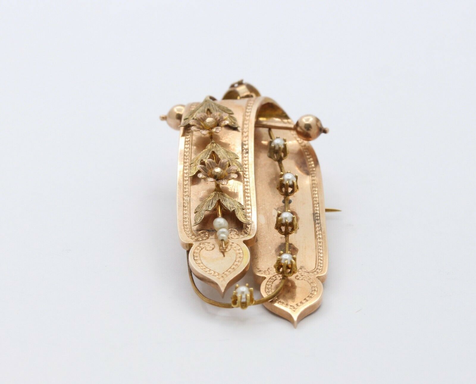 Victorian 14K Rose Gold Pearl Floral Brooch