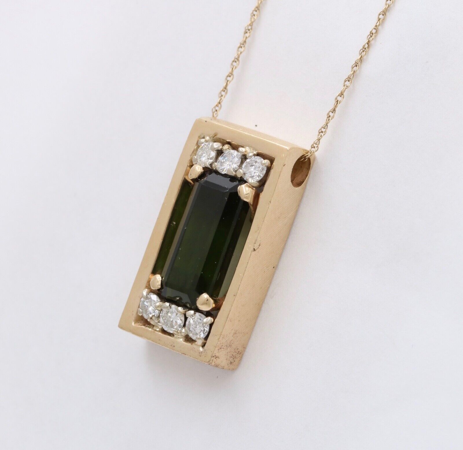 Vintage 14K Yellow Gold Tourmaline And Diamond 13.6 Grams Rectangle Pendant, Nec