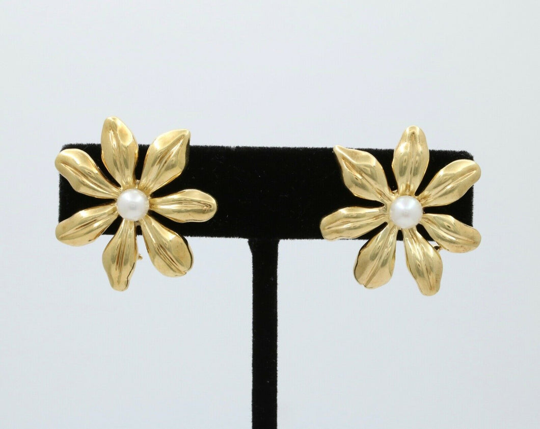 Tiffany and Co. Flower 18K Yellow Gold Pearl French Clip Earrings