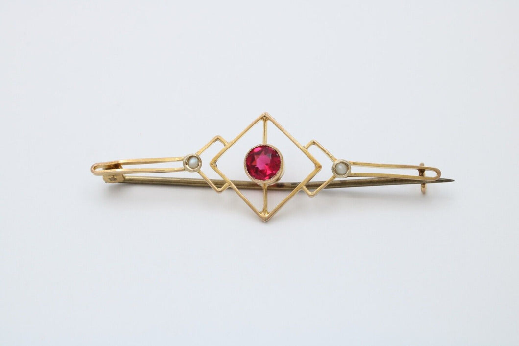 Art Deco 9K Yellow Gold Synthetic Pink Sapphire Pearls Brooch Pin