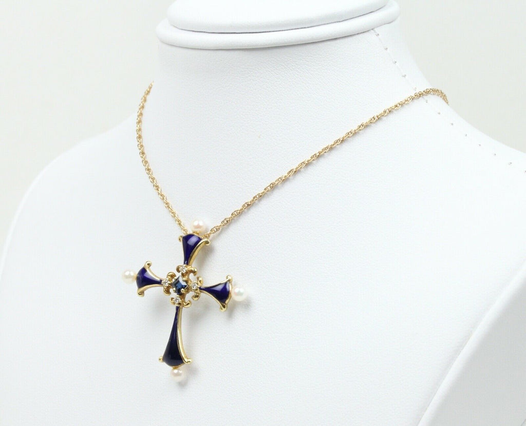 Faberge 1983 Enamel 14K Franklin Mint Sapphire Midnight Cross Pendant with Chain