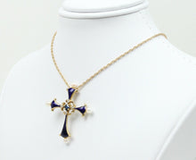 Load image into Gallery viewer, Faberge 1983 Enamel 14K Franklin Mint Sapphire Midnight Cross Pendant with Chain
