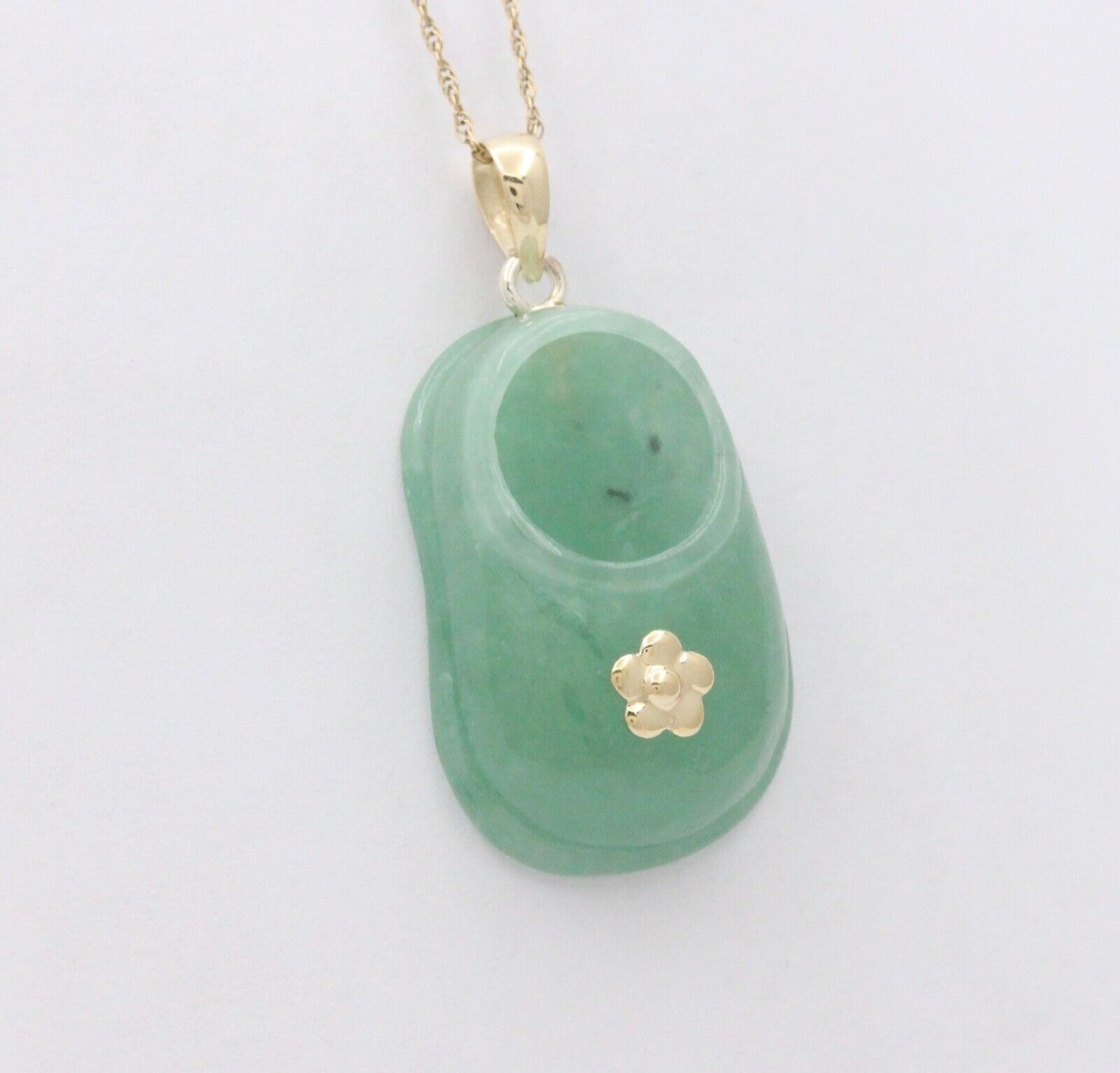 Vintage Translucent Green Jade Shoe Pendant 14K Yellow Gold