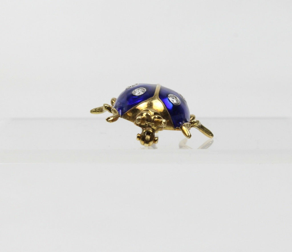 Vintage Ladies 18K Yellow Gold Diamonds Blue Enamel Ladybug Brooch Pin
