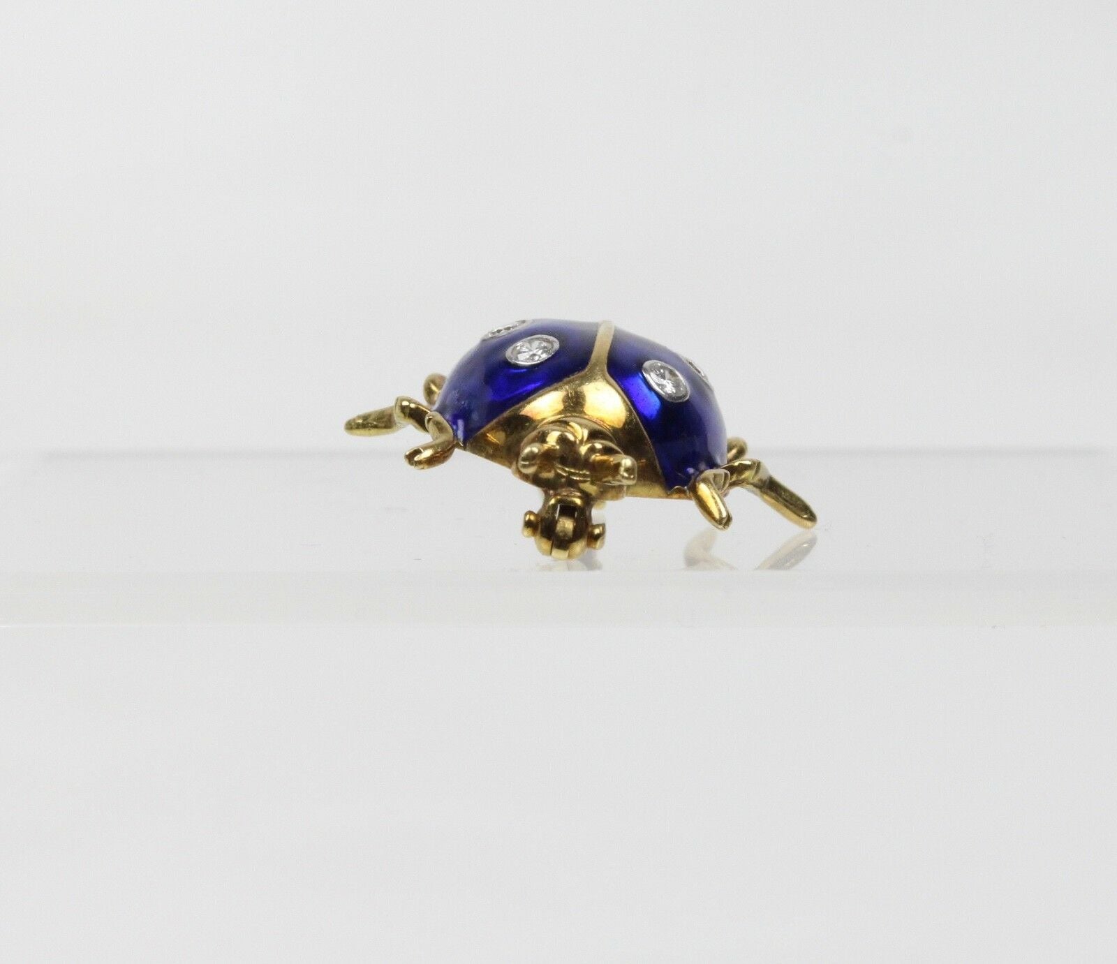 Vintage Ladies 18K Yellow Gold Diamonds Blue Enamel Ladybug Brooch Pin