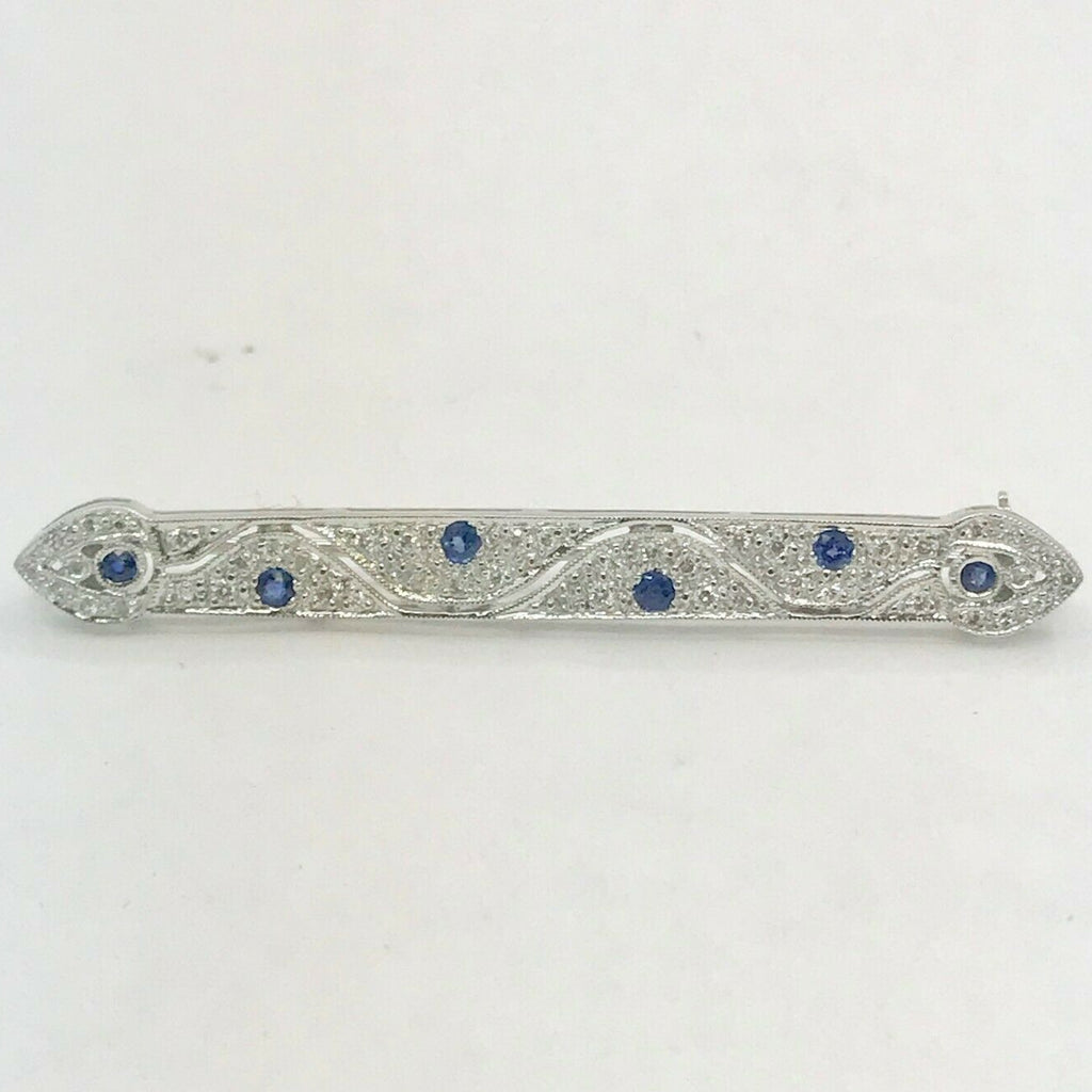 Vintage 18K White Gold Diamond Sapphire Bar Pin