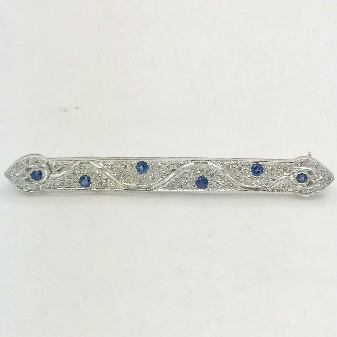Vintage 18K White Gold Diamond Sapphire Bar Pin