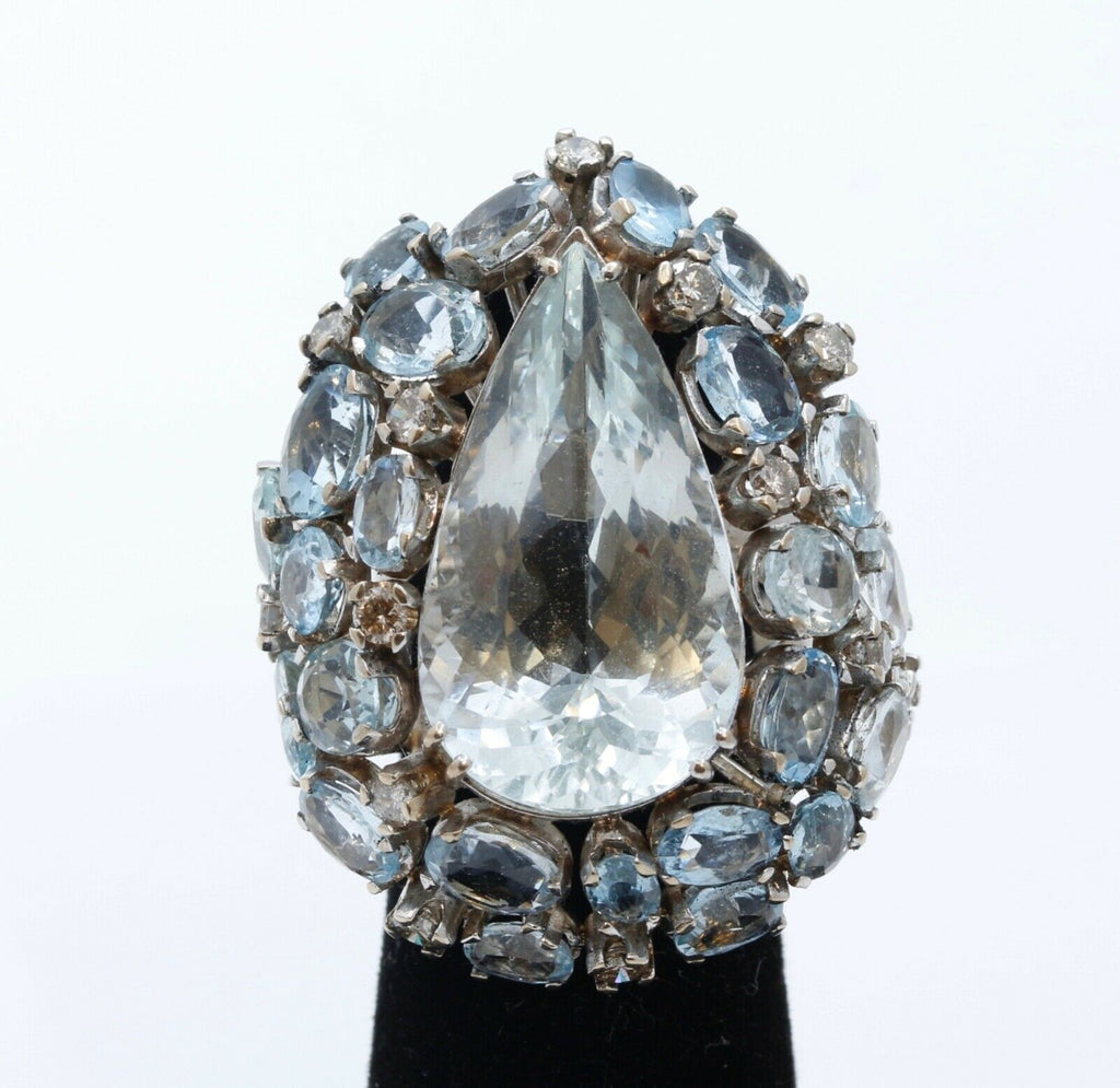Large Aquamarine Diamonds 18K White Gold Statement Cocktail Ring