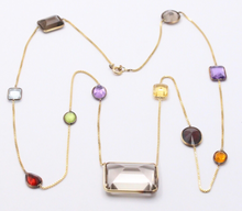 Load image into Gallery viewer, Vintage 14K Yellow Gold Smoky Quartz, Amethyst, Citrine,and Peridot Station Neck
