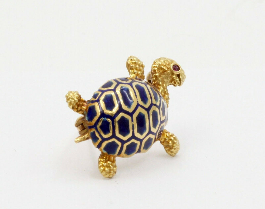 Cute Vintage 18K Yellow Gold Blue Enamel Turtle Pin
