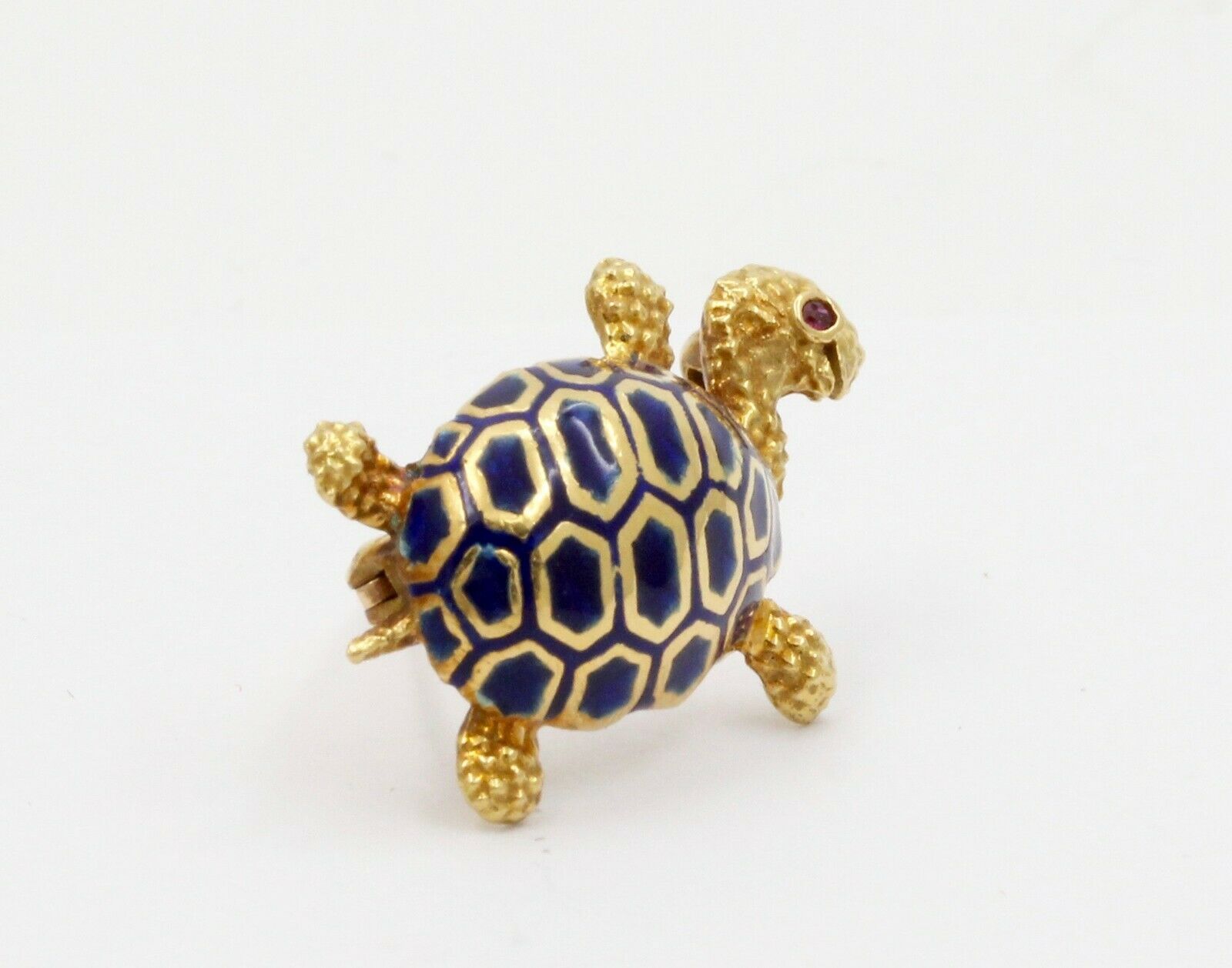 Cute Vintage 18K Yellow Gold Blue Enamel Turtle Pin