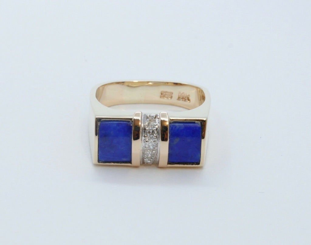 Cool Unisex Geometric Lapis Lazuli Diamonds 14K Yellow Gold Ring