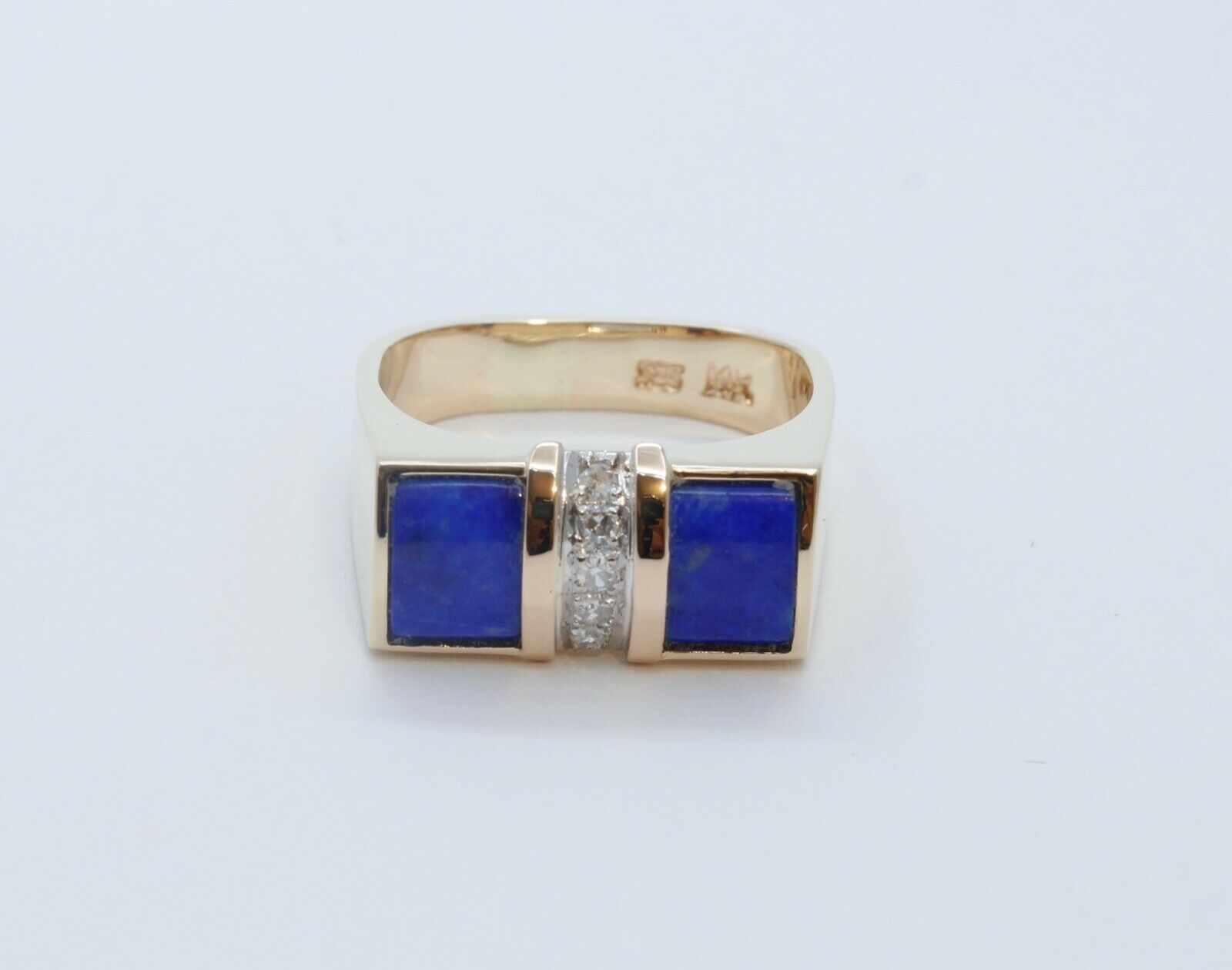 Cool Unisex Geometric Lapis Lazuli Diamonds 14K Yellow Gold Ring