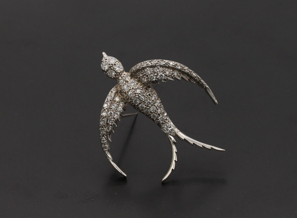 Vintage Swallow Bird Diamonds 14K White Gold Pendant Brooch Pin
