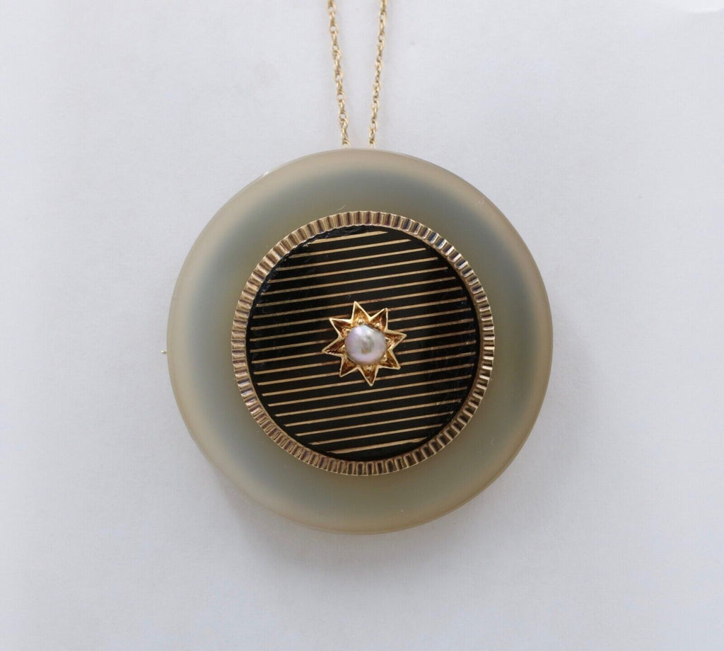 Antique 14K Yellow Gold White Agate Desic Black Enamel Brooch, Pendant