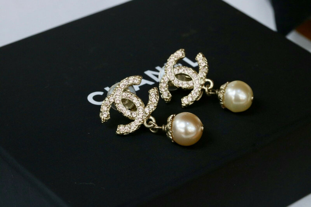 CHANEL Classic CC Logo Crystal Pearl Drop Earrings