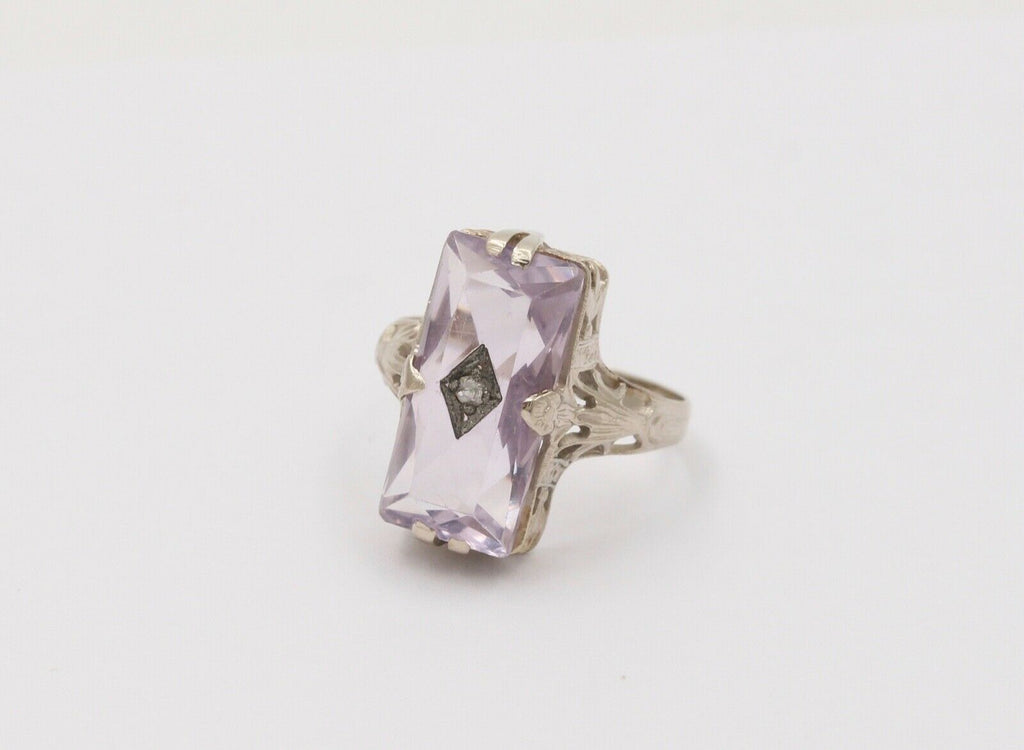 Art Deco Rose De France Amethyst Rose Cut Diamond 14K White Gold Ring