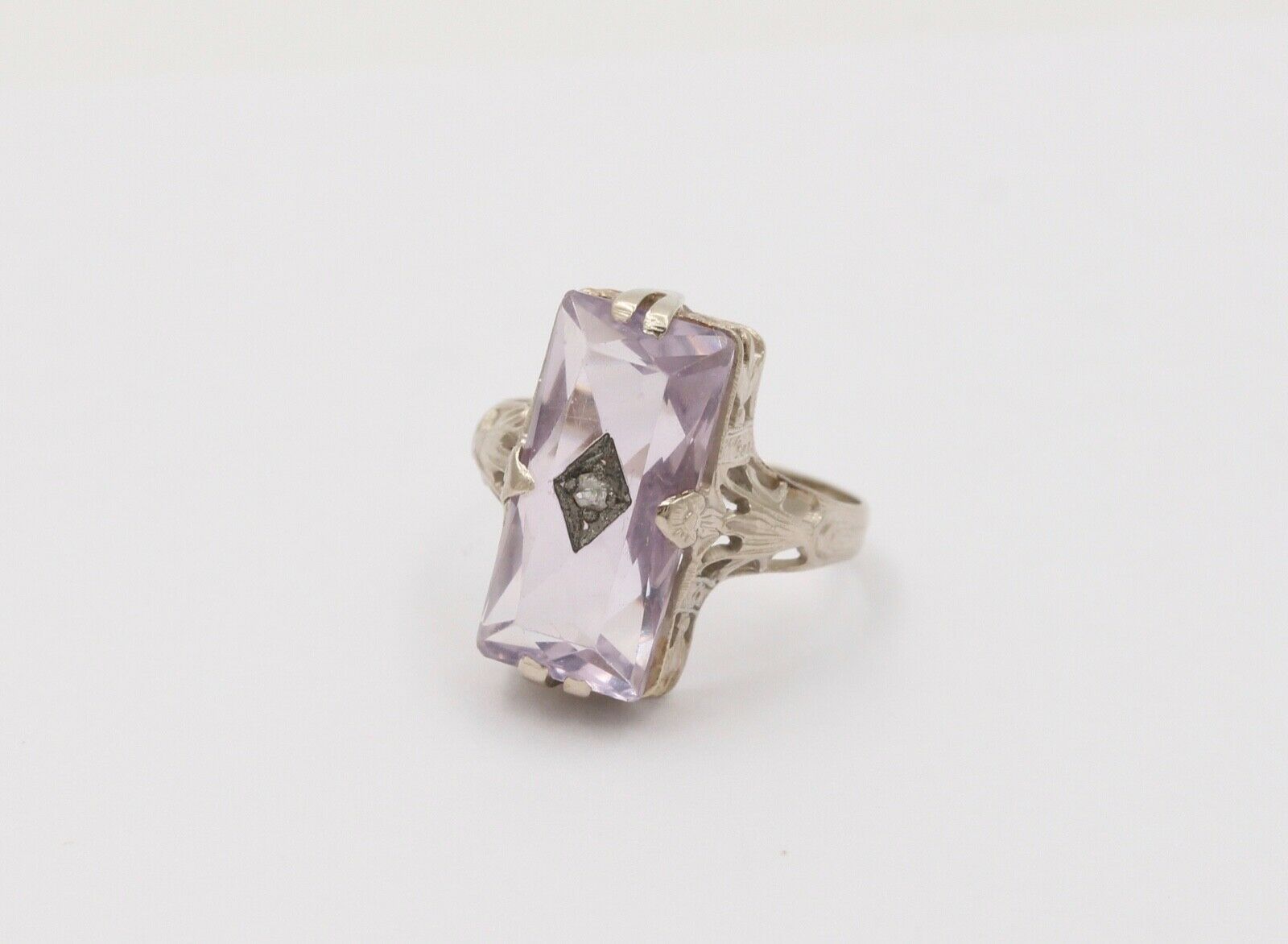 Art Deco Rose De France Amethyst Rose Cut Diamond 14K White Gold Ring