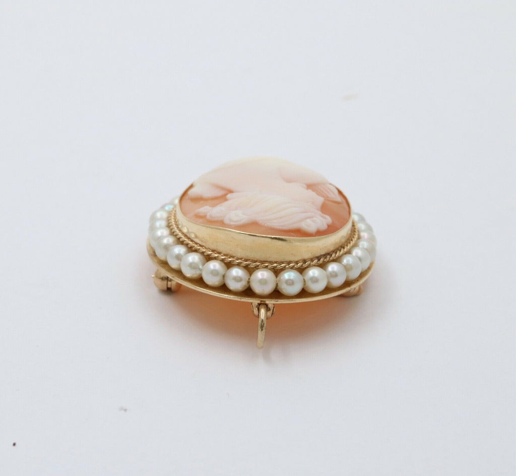 Vintage Carved Shell Cameo Pearls 14K Yellow Gold Brooch Pendant