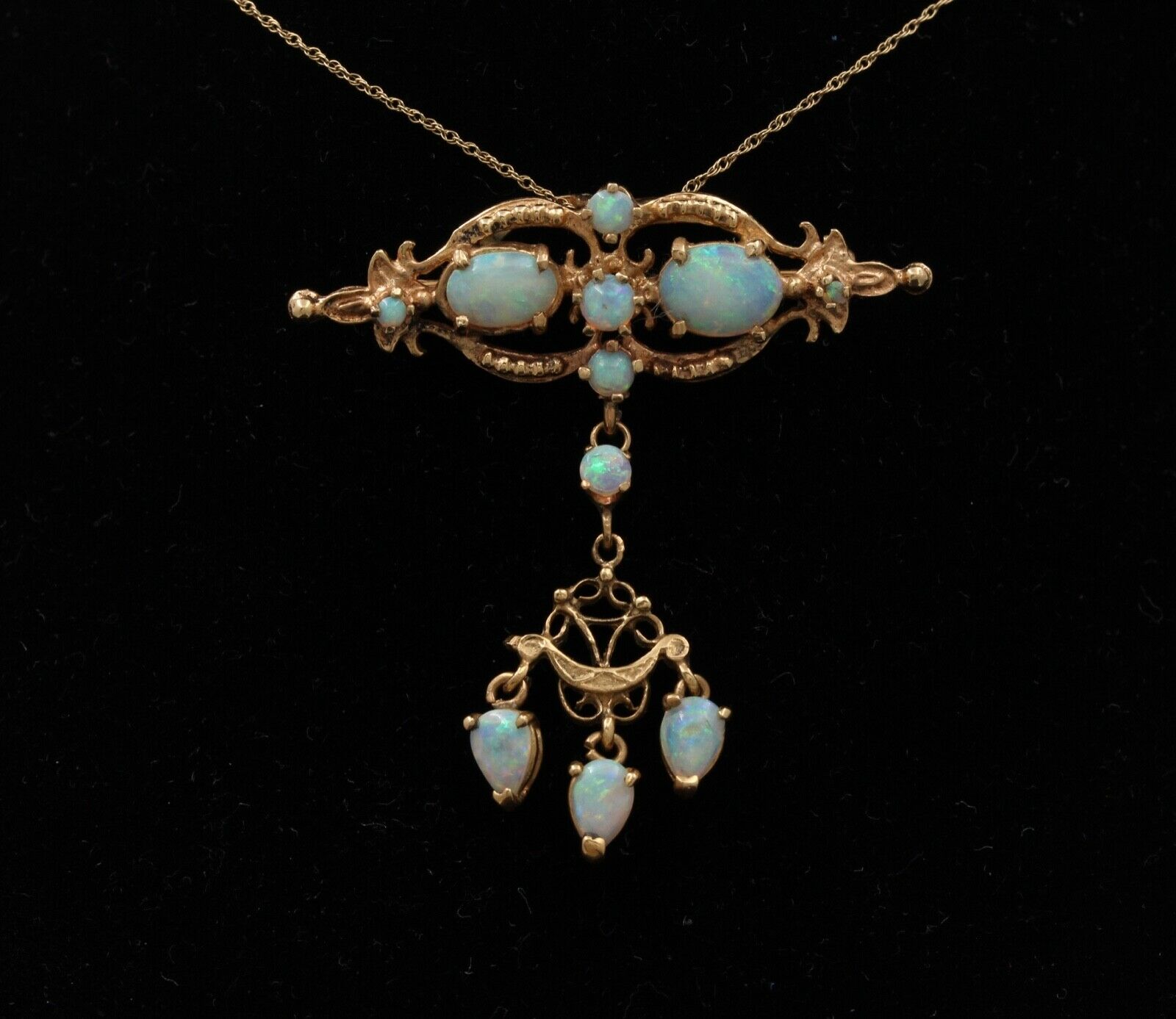Antique Victorian Opals 14K Yellow Gold Dangle Pendant Brooch Pin