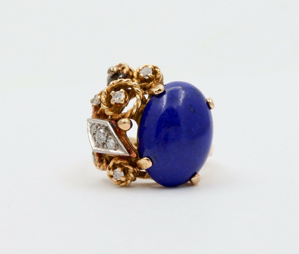 Vintage 14K Yellow Gold Lapis Lazuli & Diamond Artistic Ring