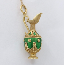 Load image into Gallery viewer, Vintage 18K yellow Gold Green Enamel European Jug Pitcher Charm Pendant.
