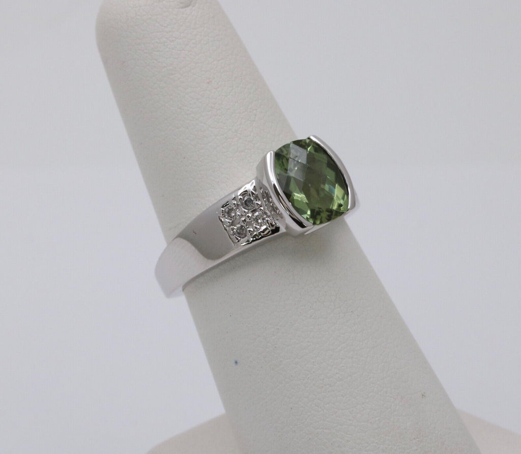 Vintage 14K White Gold Green Tourmaline and Diamond Ring, Engagement Ring